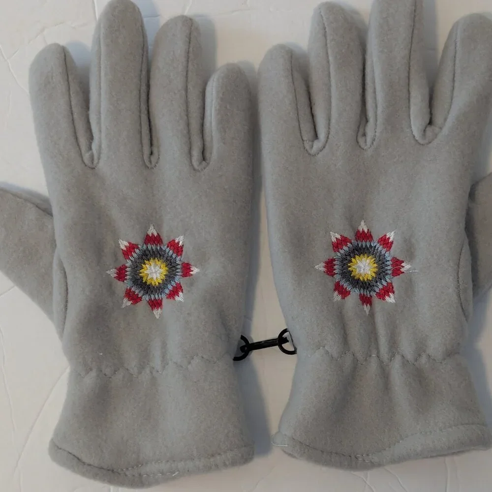 Fleece Gloves Native Inspired Embroidered Tribal Southwest Western Sunburst Boho